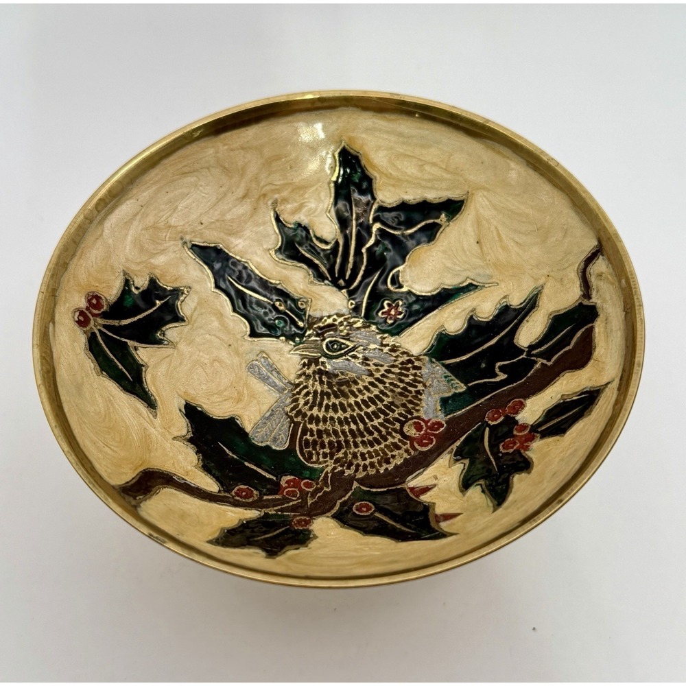 Vintage Brass Enamel Cloisonné Christmas Pedestal Bowl Bird Holly Berries India